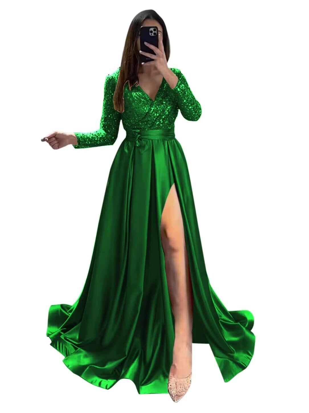 Long Sleeve Sequin Prom Dresses for Women 2027 Satin Formal Dress Sparkly Slit Evening Party Gown with Pocket