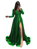 Long Sleeve Sequin Prom Dresses for Women 2027 Satin Formal Dress Sparkly Slit Evening Party Gown with Pocket