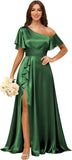 Short Sleeve Satin Bridesmaid Dresses for Women Ruffle One Shoulder Formal Evening Gowns with Slit
