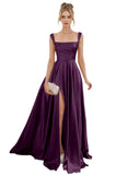 Spaghetti Straps Satin Bridesmaid Dresses for Women Long A-Line Square Neck Formal Evening Party Gown with Slit