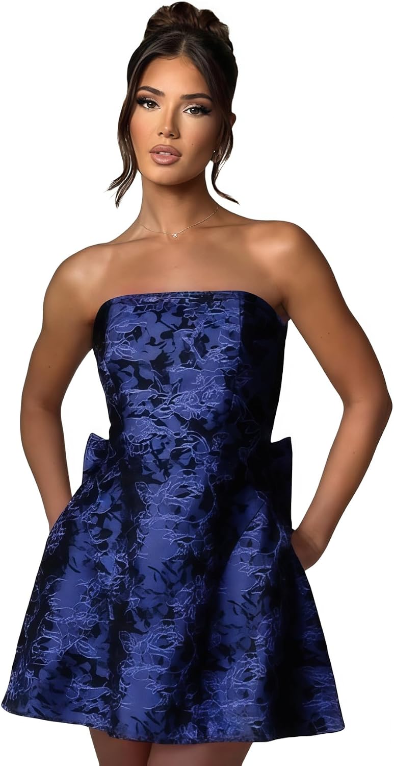 Jacquard Satin Homecoming Dress with Bow Elegant Strapless Mini Dress A Line Short Prom Dresses Party Gown