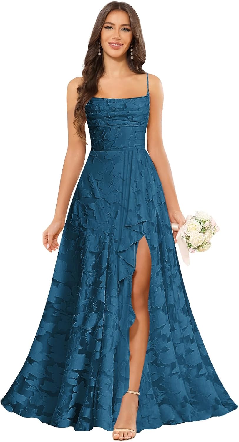 Women’s Ruffled Bridesmaid Dresses Scoop Neck Floral Chiffon Formal Dress Wrap Pleated Wedding Guest Dress