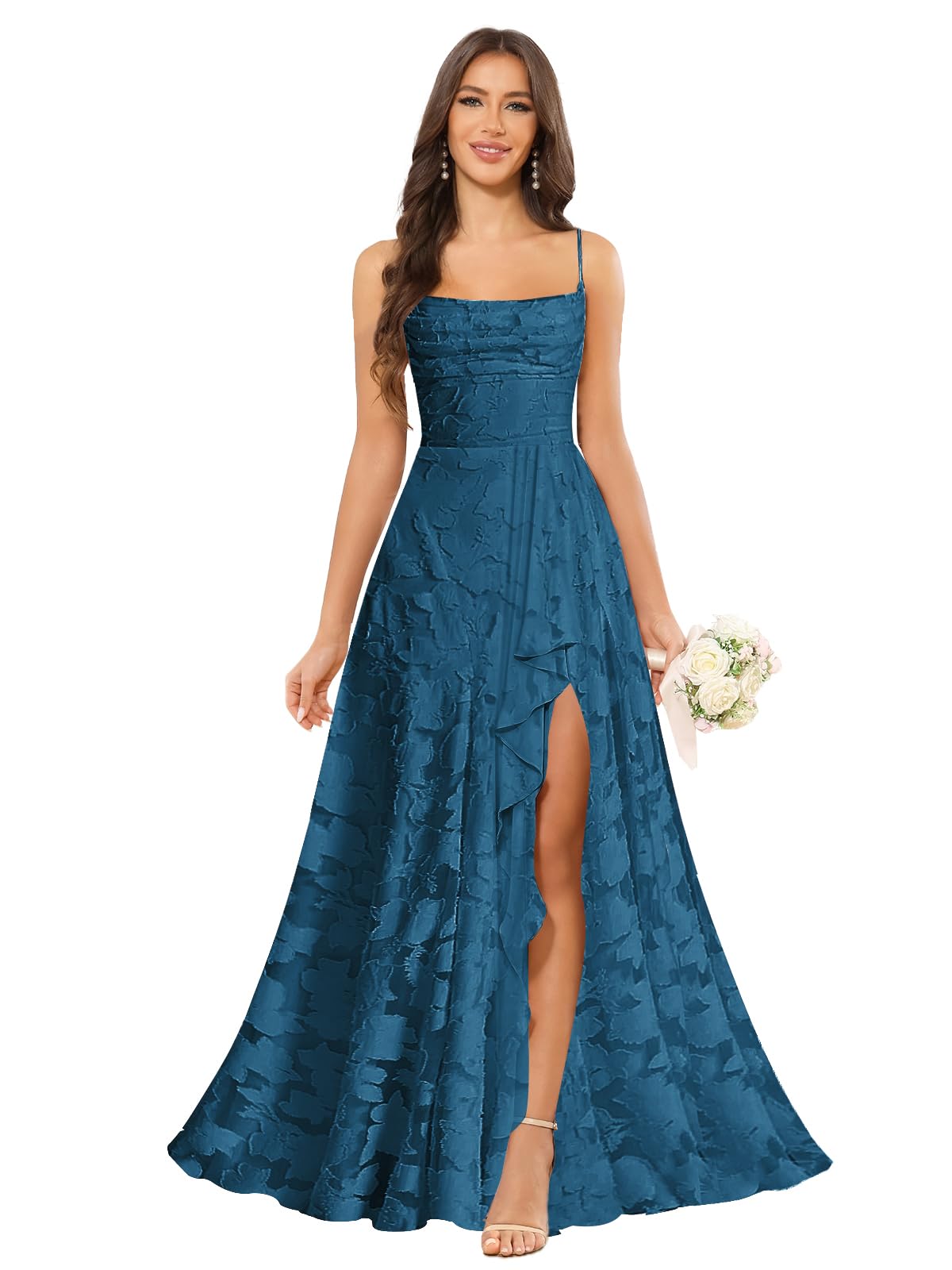 Women’s Ruffled Bridesmaid Dresses Scoop Neck Floral Chiffon Formal Dress Wrap Pleated Wedding Guest Dress