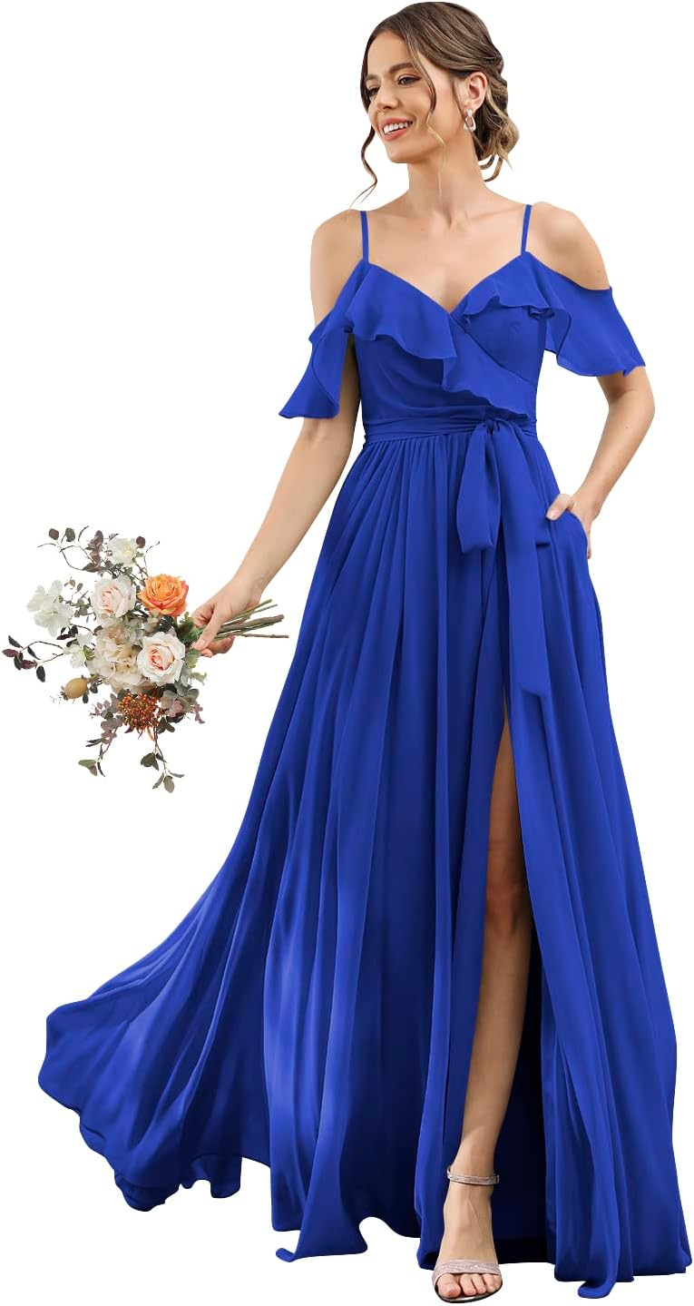 Women's Bridesmaid Dresses with Slit Long Cold Shoulder Chiffon Formal Party Dress with Pockets