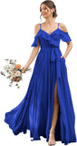 Women's Bridesmaid Dresses with Slit Long Cold Shoulder Chiffon Formal Party Dress with Pockets
