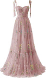 Vestidos de fiesta de tul con bordado de flores para mujer, 2024, tirantes finos, largos, formales, para noche 