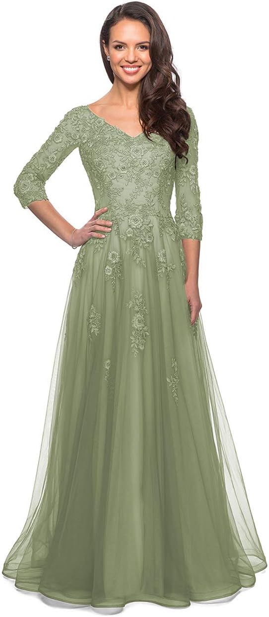 Women's Floral Lace Appliques 3/4 Sleeve Mother of The Bride Dresses Long V Neck Formal Dresses with Pockets