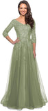 Women's Floral Lace Appliques 3/4 Sleeve Mother of The Bride Dresses Long V Neck Formal Dresses with Pockets