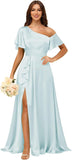 Short Sleeve Satin Bridesmaid Dresses for Women Ruffle One Shoulder Formal Evening Gowns with Slit
