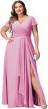 Vestidos de dama de honor de talla grande con mangas con volantes y bolsillos, vestido formal largo con escote en V y abertura. 