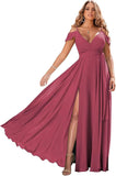 Schulterfreie Brautjungfernkleider 2025 für Frauen, langes Chiffon-Abendkleid mit V-Ausschnitt und Schlitz