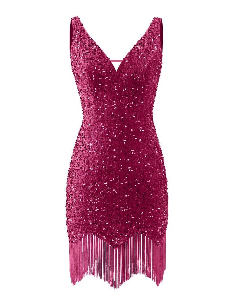 Kingbridal Gowns V Neck Sequin Homecoming Dresses for Teens 2027 Sparkly Tight Short Prom Cocktail Party Gowns with Tassels