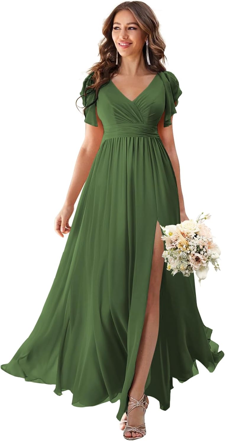 V Neck Flutter Sleeves Bridesmaid Dresses with Slit 2025 Chiffon Aline Pleats Formal Evening Gowns for Women