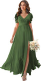V Neck Flutter Sleeves Bridesmaid Dresses with Slit 2025 Chiffon Aline Pleats Formal Evening Gowns for Women