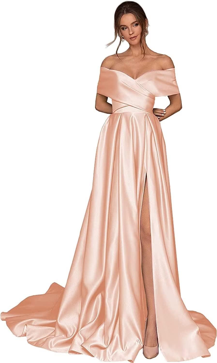 Women's Off Shoulder Long Prom Dresses with Slit 2025 Satin A-Line Sweetheart Corset Formal Evening Dresses with Pockets