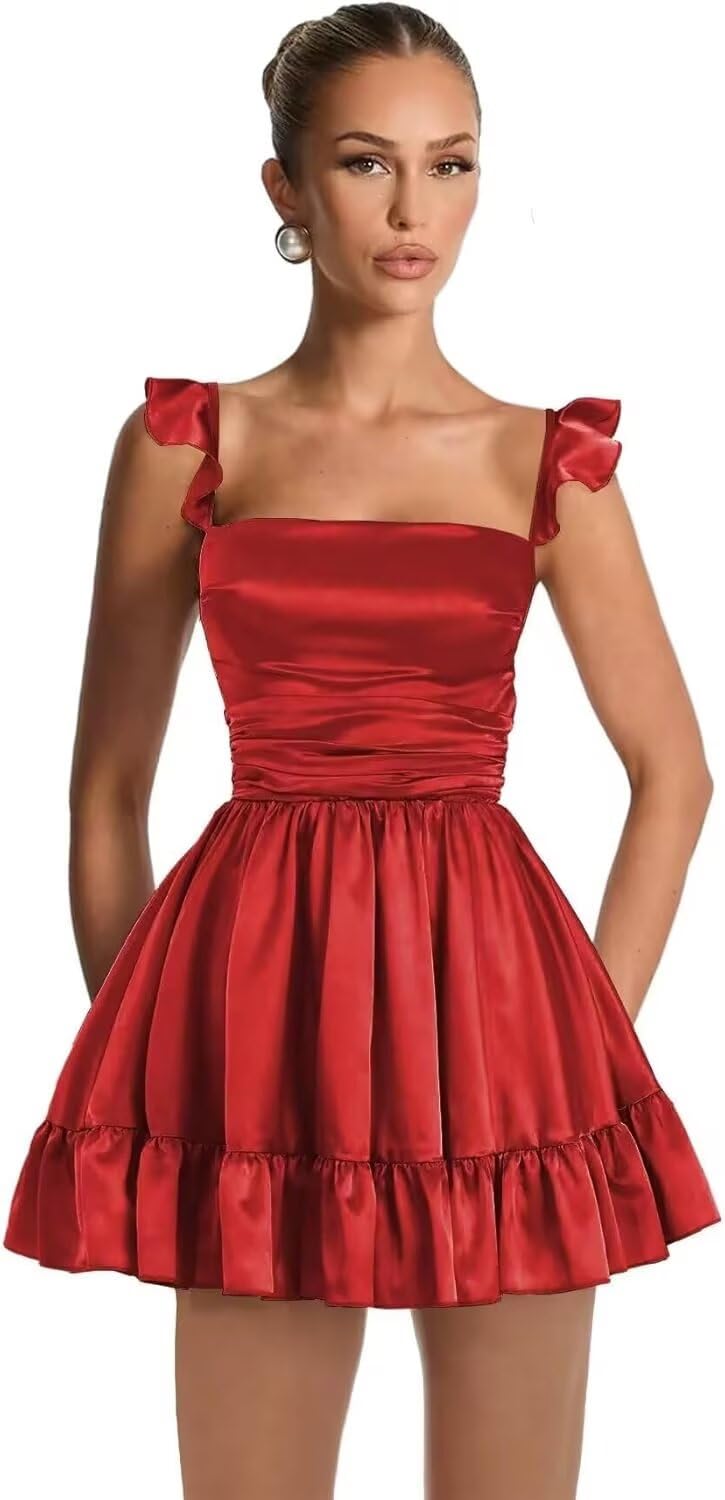 Satin Homecoming Dresses for Teens 2027 A-line Ruched Square Neck Short Prom Formal Cocktail Gowns with Pockets