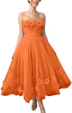Women's 3D Flower Off Shoulder Tea Length Whimsical Prom Dress, A Line Strapless Tulle Formal Evening Party Gown