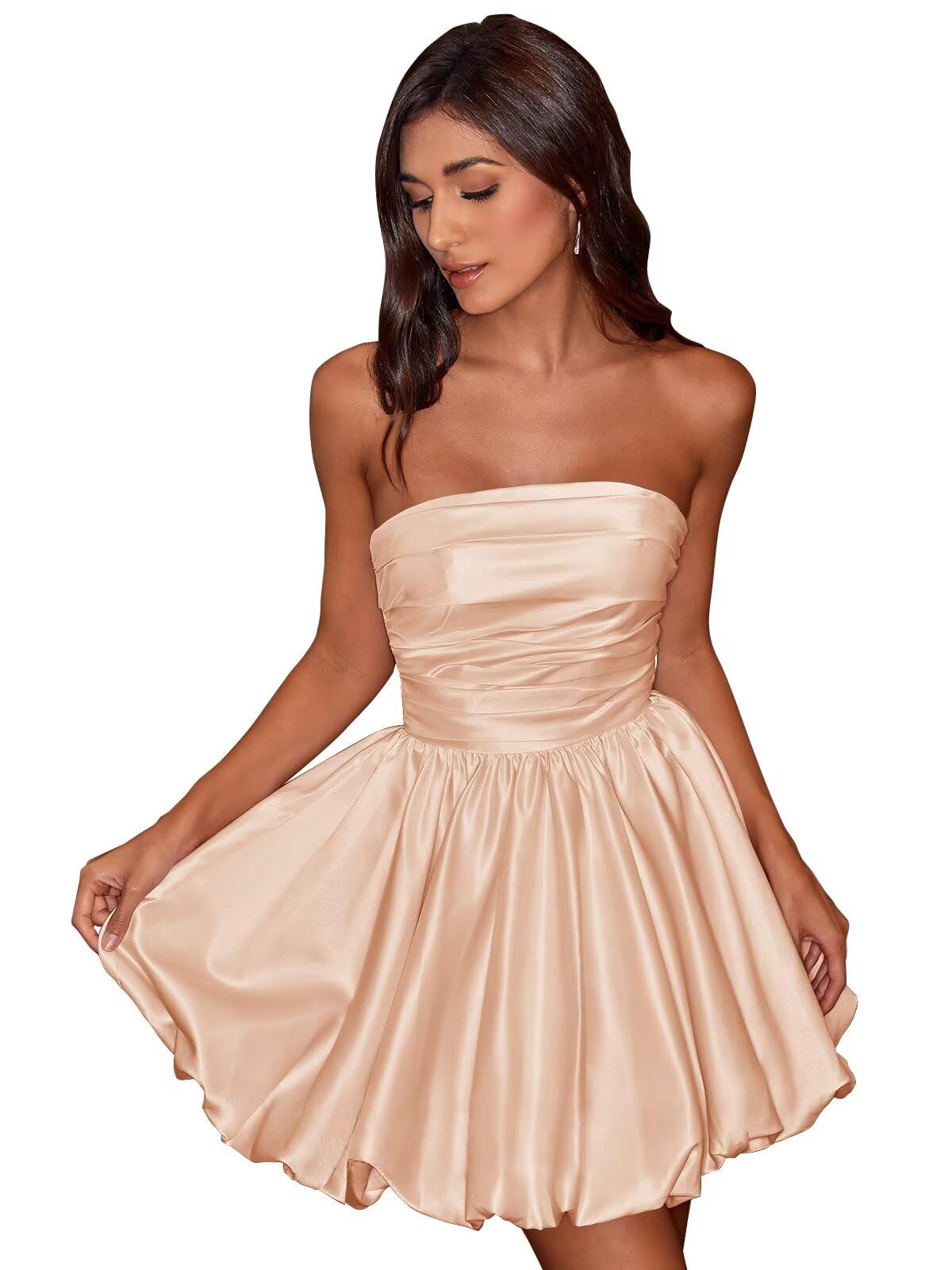 Short Satin A-Line Ruched Homecoming Dresses for Teens Strapless Ruched Mini Formal Cocktail Party Dress