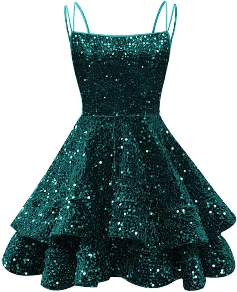 Spaghetti Straps Sequin Homecoming Dresses for Teens Sparkly Tiered Short Prom Dress 2026 Mini Cocktail Party Gown