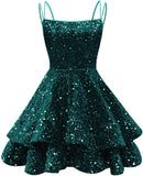 Spaghetti Straps Sequin Homecoming Dresses for Teens Sparkly Tiered Short Prom Dress 2026 Mini Cocktail Party Gown