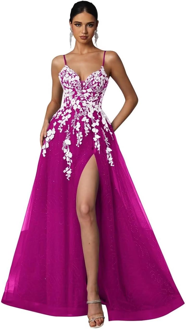 Tulle Prom Dresses 2027 Puffy Ball Gown for Women Formal V Neck Lace Appliques Evening Gown with Slit Long Homecoming Dress