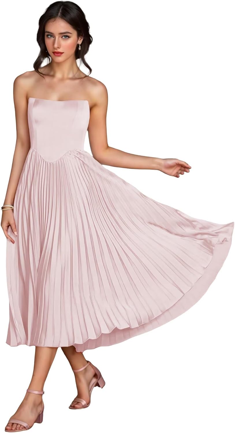 Women's Strapless Bridesmaid Dresses for Womens Tea Length Ruffle Satin Formal Prom Dress