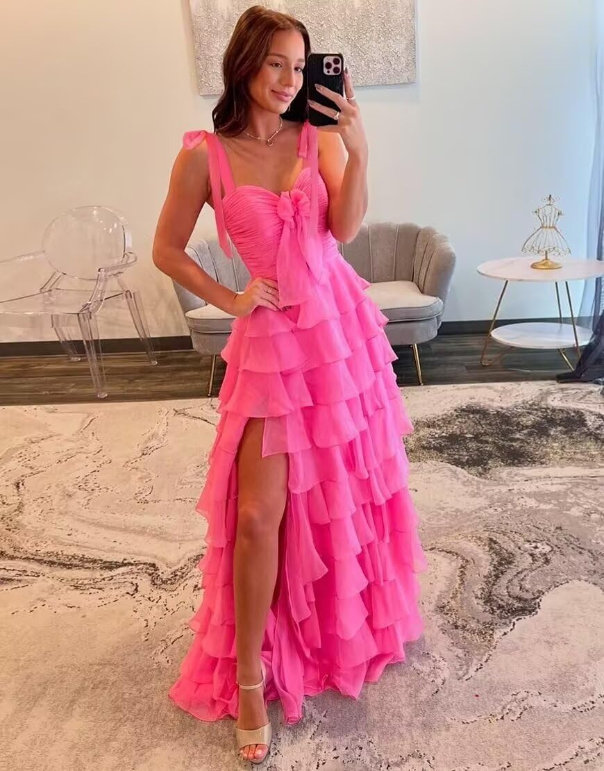Tiered Prom Dresses with Bow Long A-Line Chiffon Formal Evening Dress for Women Spaghetti Straps Slit Ball Gown