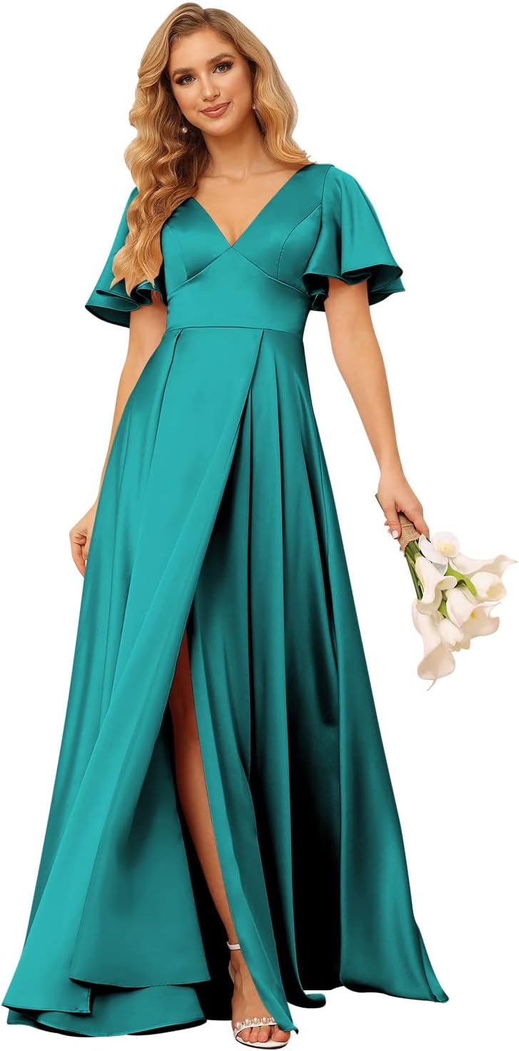 Women's V Neck Ruffle Sleeves Bridesmaid Dresses with Slit 2025 Satin A-Line Formal Evening Gowns