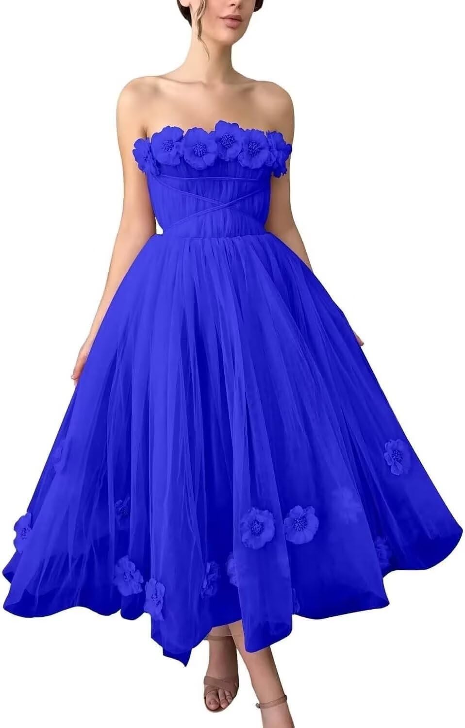 Women's 3D Flower Off Shoulder Tea Length Whimsical Prom Dress, A Line Strapless Tulle Formal Evening Party Gown