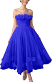 Women's 3D Flower Off Shoulder Tea Length Whimsical Prom Dress, A Line Strapless Tulle Formal Evening Party Gown