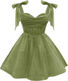 Tulle Short Homecoming Dress for Teens Sparkly Lace DAMA Dresses for Quinceanera Spaghetti Straps Bow Prom Gown