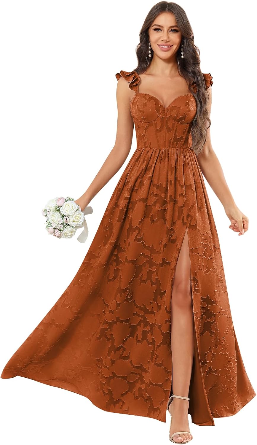 Chiffon Floral Bridesmaid Dresses with Slit Sleeveless Corset Ruffle A Line Long Formal Evening Gowns for Wedding
