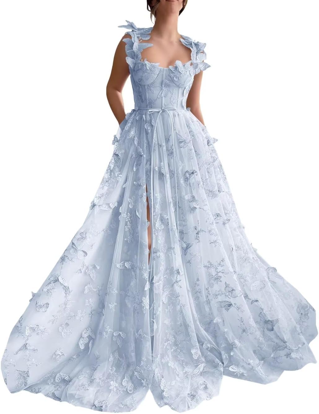 Vestidos de fiesta largos de tul con mariposas 3D para adolescentes, vestidos de fiesta formales de noche bordados con abertura 