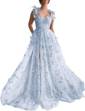 Vestidos de fiesta largos de tul con mariposas 3D para adolescentes, vestidos de fiesta formales de noche bordados con abertura 
