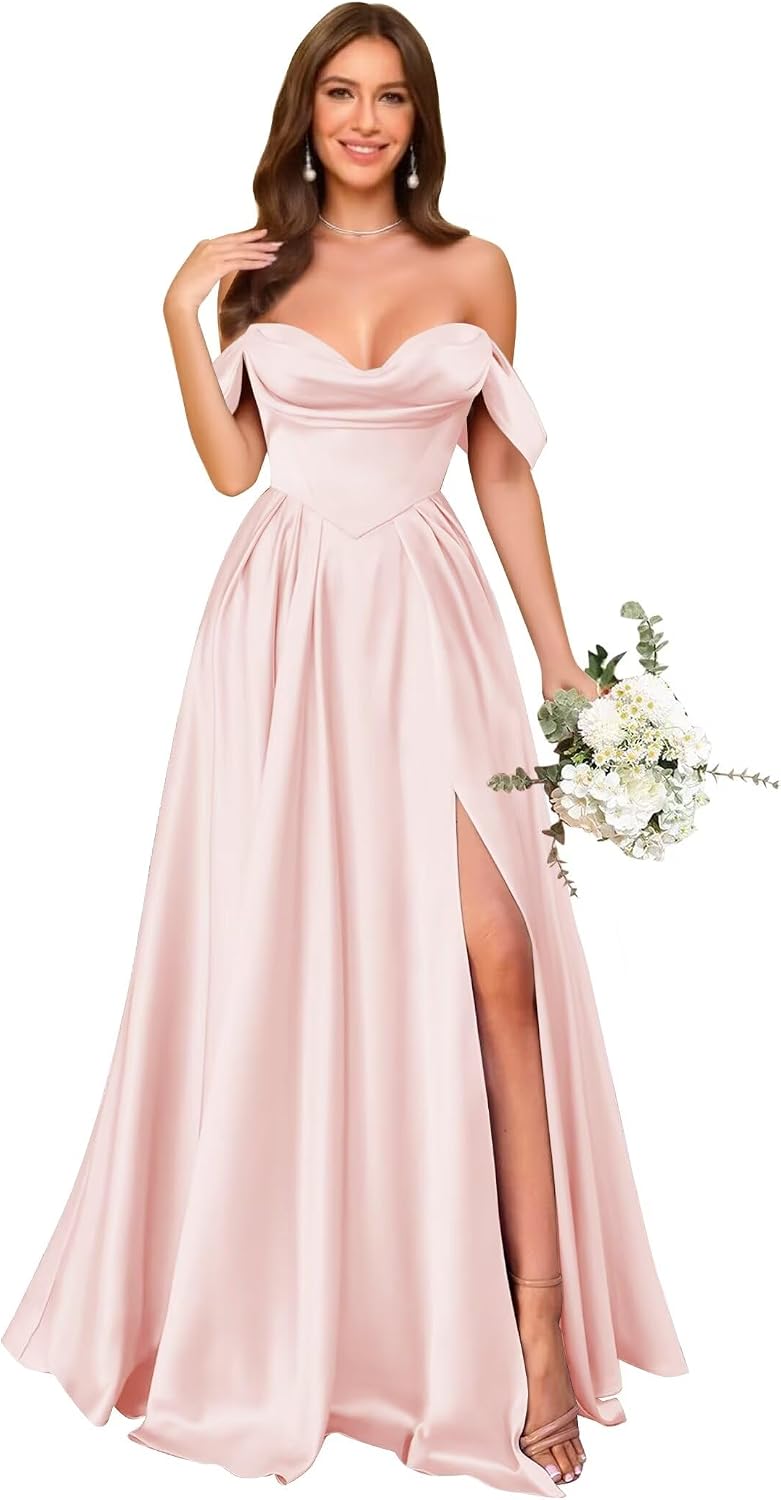 Off Shoulder Satin Bridesmaid Dresses Long Pleated Formal Dresses A Line Evening Gowns with Slit
