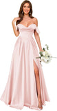 Off Shoulder Satin Bridesmaid Dresses Long Pleated Formal Dresses A Line Evening Gowns with Slit