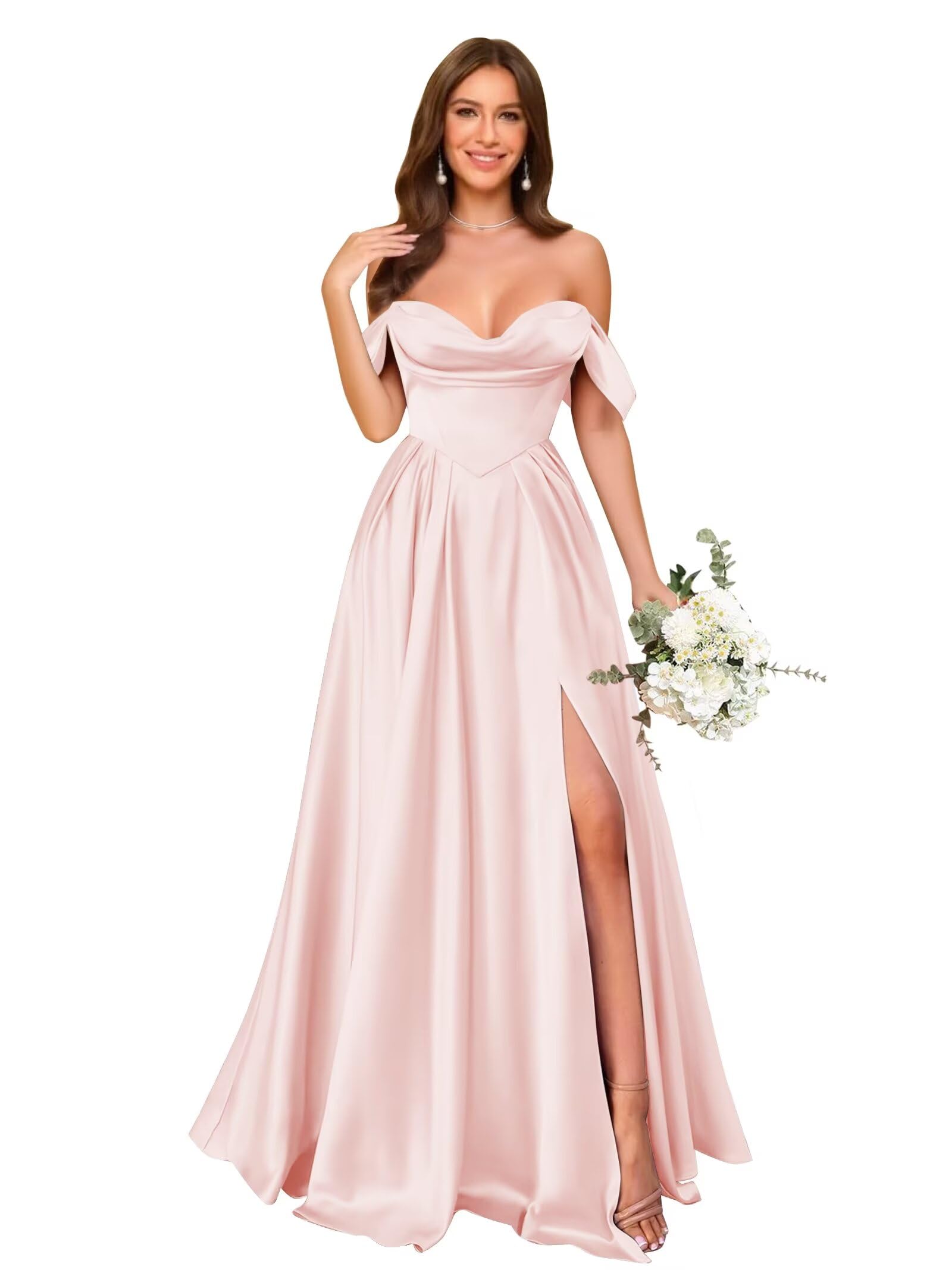 Off Shoulder Satin Bridesmaid Dresses Long Pleated Formal Dresses A Line Evening Gowns with Slit