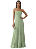 Ruched Strapless Prom Dresses for Women Long A Line Cocktail Dress Pleated Chiffon Formal Wedding Guest Dress