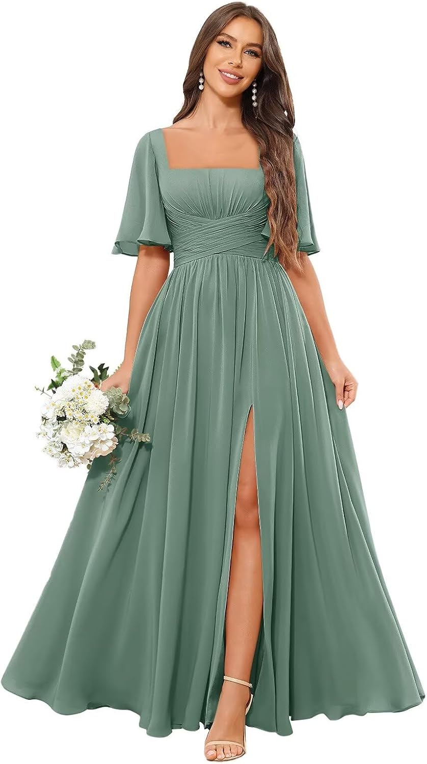 Square Neck Bridesmaid Dresses with Slit Pockets Flutter Sleeve Long Chiffon Formal Wedding Guest Dress