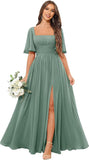 Square Neck Bridesmaid Dresses with Slit Pockets Flutter Sleeve Long Chiffon Formal Wedding Guest Dress