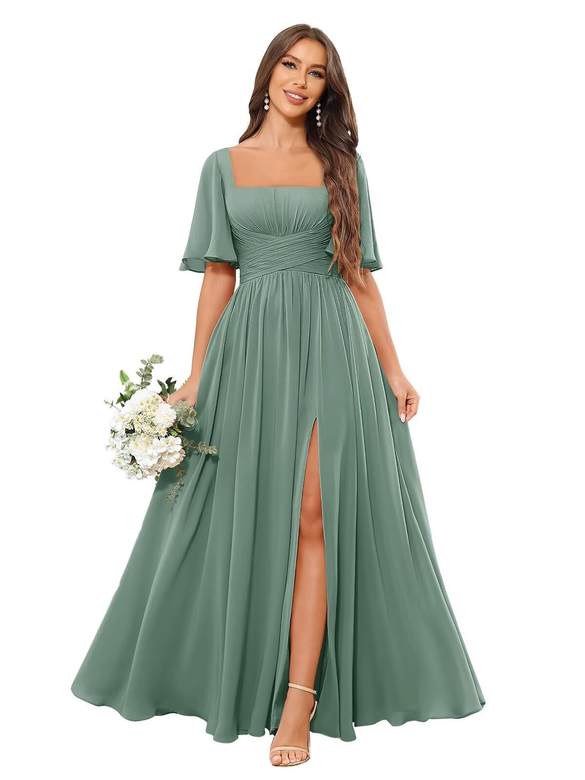 Square Neck Bridesmaid Dresses with Slit Pockets Flutter Sleeve Long Chiffon Formal Wedding Guest Dress