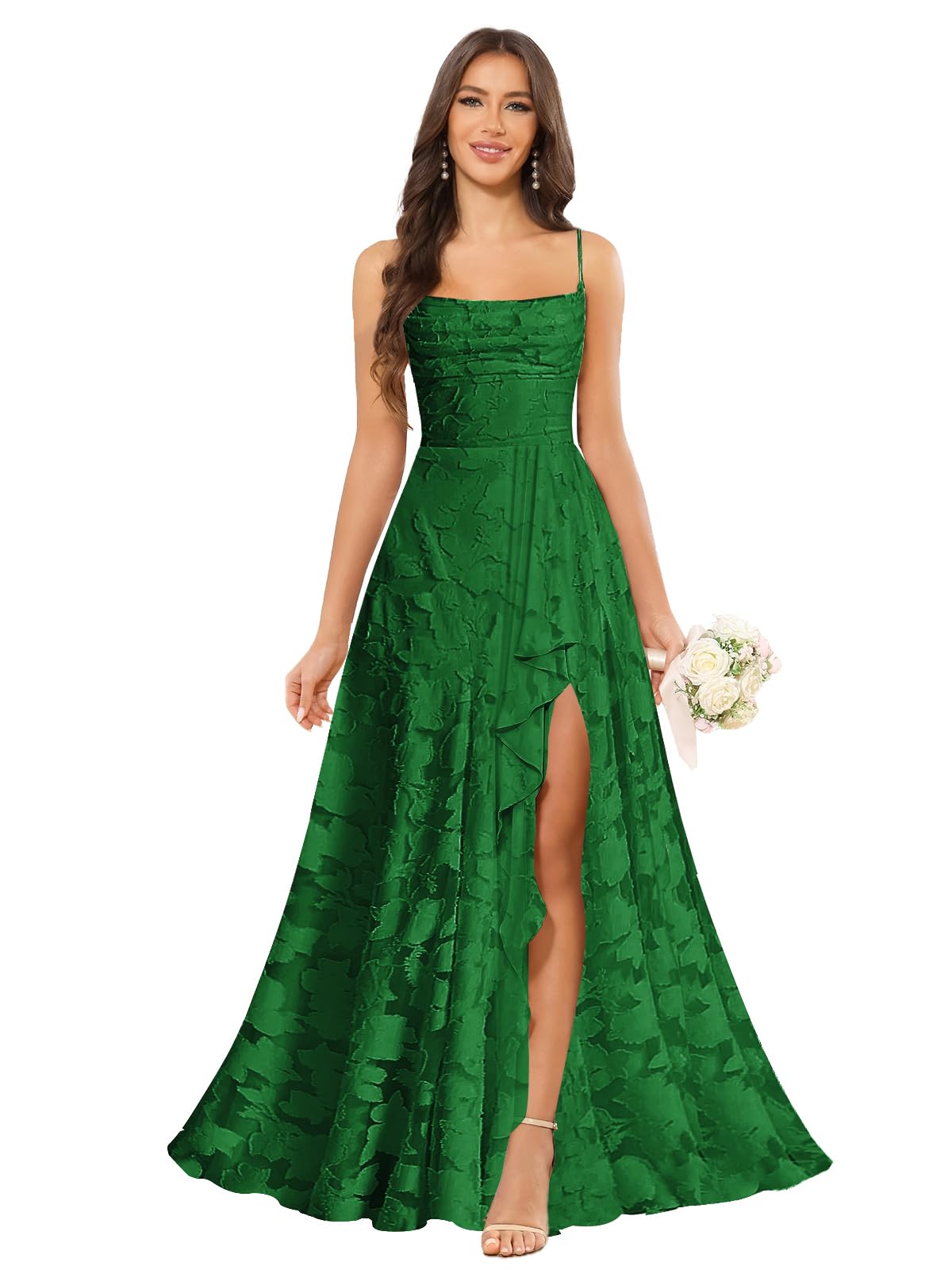 Women’s Ruffled Bridesmaid Dresses Scoop Neck Floral Chiffon Formal Dress Wrap Pleated Wedding Guest Dress