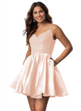 Vestidos cortos de fiesta con tirantes finos para jóvenes, con encaje, escote en V y bolsillos.
