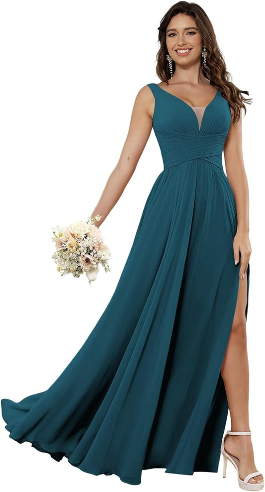 Vestidos de dama de honor sencillos de gasa para mujer con bolsillos, vestidos formales largos con escote en V y abertura 