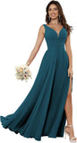 Vestidos de dama de honor sencillos de gasa para mujer con bolsillos, vestidos formales largos con escote en V y abertura 