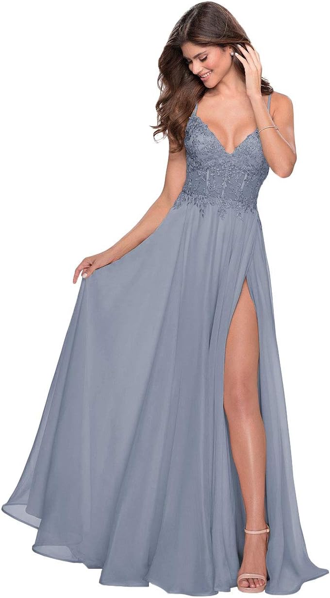 Women's Lace Appliqued Chiffon Prom Dresses Long with Slit Spaghetti Straps V Neck Formal Party Gowns