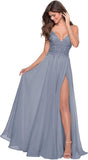Women's Lace Appliqued Chiffon Prom Dresses Long with Slit Spaghetti Straps V Neck Formal Party Gowns