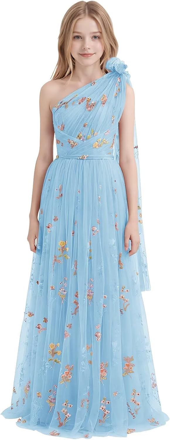 One Shoulder Long Tulle Junior Bridesmaid Dresses for Wedding Flower Girl Dress Formal Prom Gown