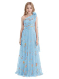 One Shoulder Long Tulle Junior Bridesmaid Dresses for Wedding Flower Girl Dress Formal Prom Gown