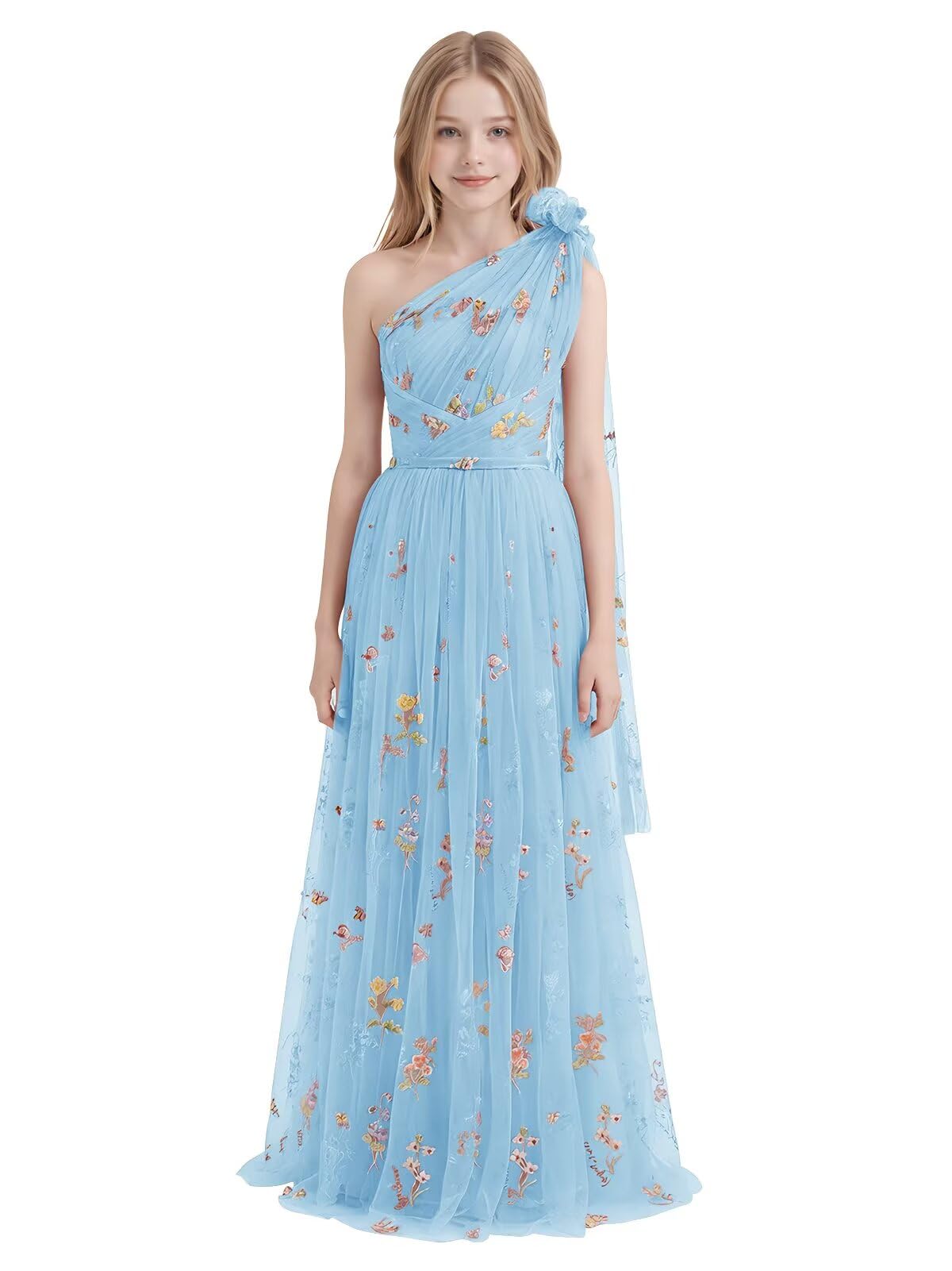 One Shoulder Long Tulle Junior Bridesmaid Dresses for Wedding Flower Girl Dress Formal Prom Gown